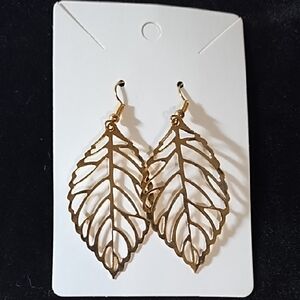 Gold Tone Metal Leaf Shaped Cutout Drop Earrings 2 Inch